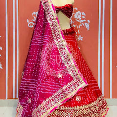 KOTA DORIYA BHANDEJ KACHI PATTI LEHENGA Pink & Red / Free Size