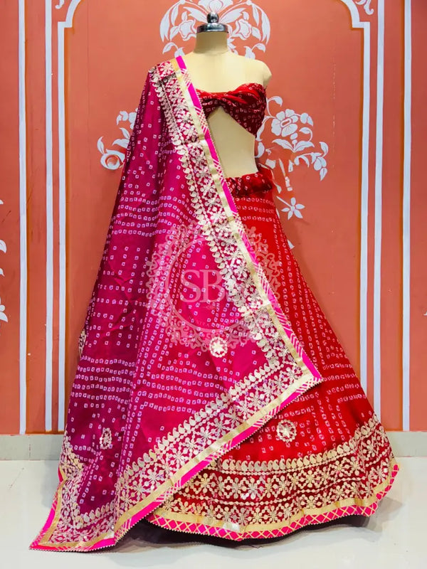 KOTA DORIYA BHANDEJ KACHI PATTI LEHENGA Pink & Red / Free Size