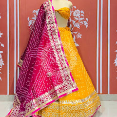 KOTA DORIYA BHANDEJ KACHI PATTI LEHENGA Pink & Yellow / Free Size