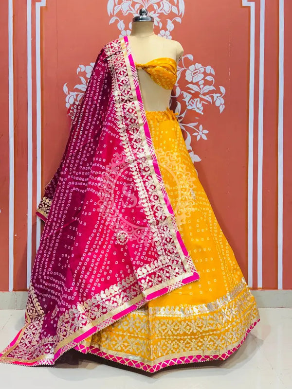 KOTA DORIYA BHANDEJ KACHI PATTI LEHENGA Pink & Yellow / Free Size