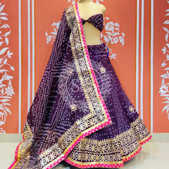 KOTA DORIYA BHANDEJ KACHI PATTI LEHENGA Purple / Free Size
