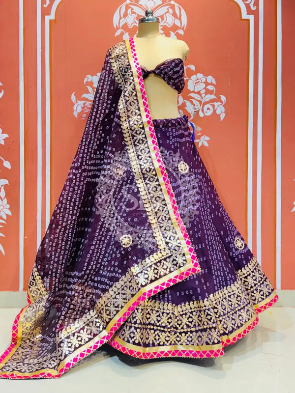 KOTA DORIYA BHANDEJ KACHI PATTI LEHENGA Purple / Free Size