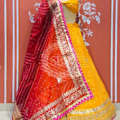 KOTA DORIYA BHANDEJ KACHI PATTI LEHENGA Red & Yellow / Free Size