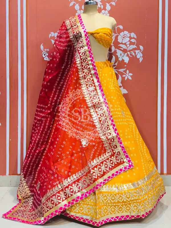 KOTA DORIYA BHANDEJ KACHI PATTI LEHENGA Red & Yellow / Free Size