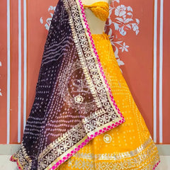 KOTA DORIYA BHANDEJ KACHI PATTI LEHENGA Yellow / Free Size