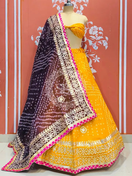 KOTA DORIYA BHANDEJ KACHI PATTI LEHENGA Yellow / Free Size