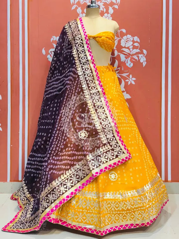 KOTA DORIYA BHANDEJ KACHI PATTI LEHENGA Yellow / Free Size