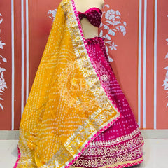 KOTA DORIYA BHANDEJ KACHI PATTI LEHENGA Yellow & Pink / Free Size