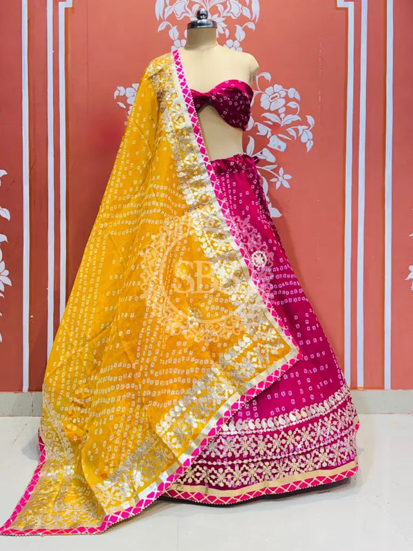 KOTA DORIYA BHANDEJ KACHI PATTI LEHENGA Yellow & Pink / Free Size