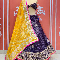 KOTA DORIYA BHANDEJ KACHI PATTI LEHENGA Yellow & Purple / Free Size