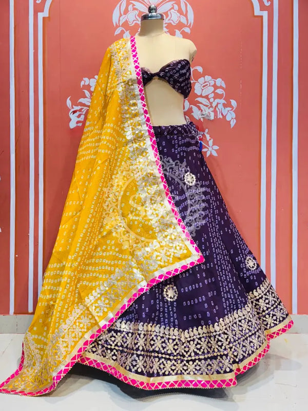 KOTA DORIYA BHANDEJ KACHI PATTI LEHENGA Yellow & Purple / Free Size
