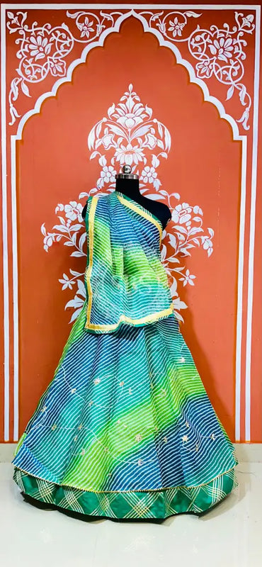 KOTA DORIYA KACHI PATTI DOUBLE BORDER LEHENGA Blue / Free Size
