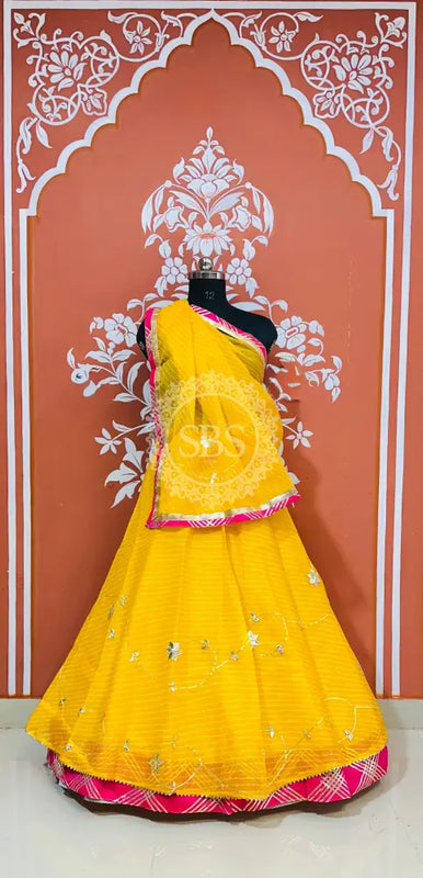 KOTA DORIYA KACHI PATTI DOUBLE BORDER LEHENGA Yellow green / Free Size