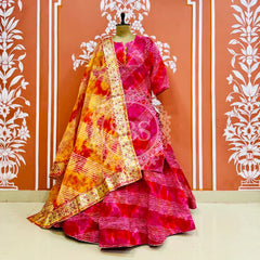 KOTA DORIYA SKIRT WITH KURTI AND DUPATTA Pink / Free Size