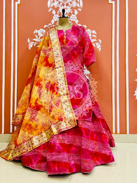 KOTA DORIYA SKIRT WITH KURTI AND DUPATTA Pink / Free Size