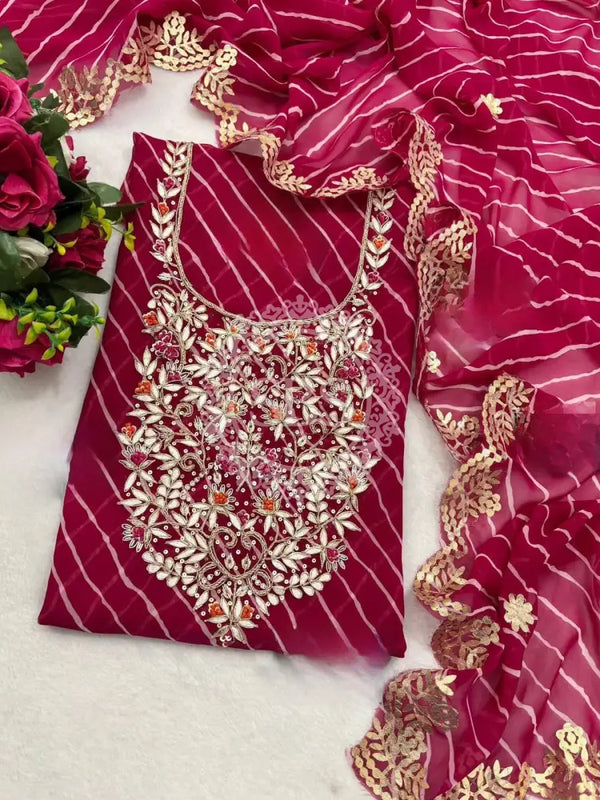 LEHERIA GEORGETTE SUITS DRESS MATERIAL Pink / Free Size