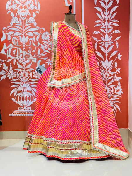 LEHERIYA GOLDEN SILVER WORK BIG FLARED LEHENGA Pink / Free Size