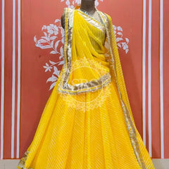 LEHERIYA GOLDEN SILVER WORK BIG FLARED LEHENGA Yellow / Free Size