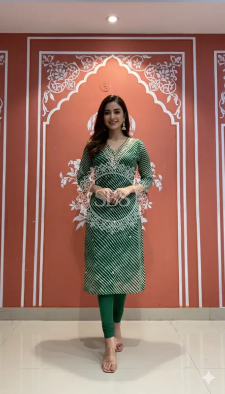 Leheriya Handwork Kurti 38 (L) / Green