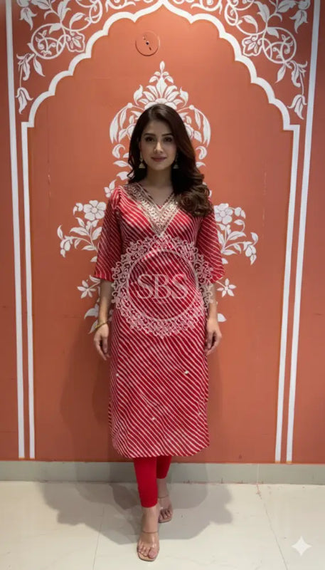 Leheriya Handwork Kurti 38 (L) / Red