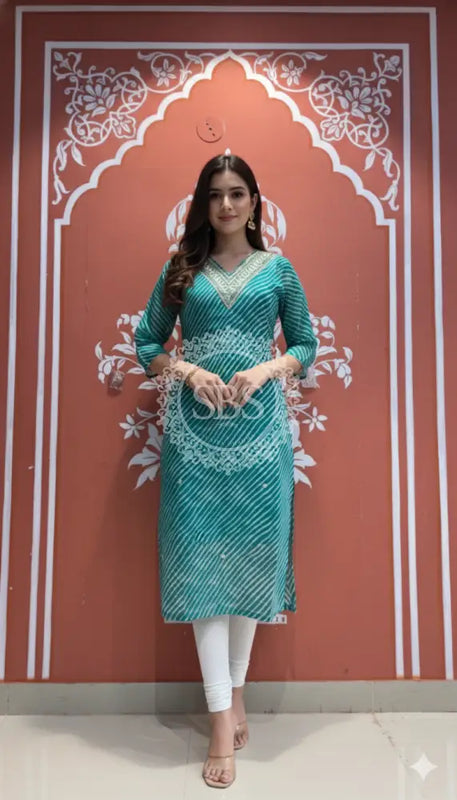 Leheriya Handwork Kurti 38 (L) / Sea Green