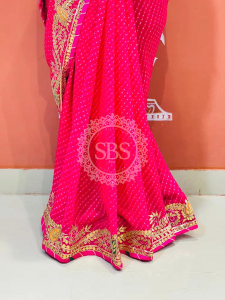 LEHERIYA MOTHRA GOTA PATTI HANDWORK SAREE Pink / Free Size