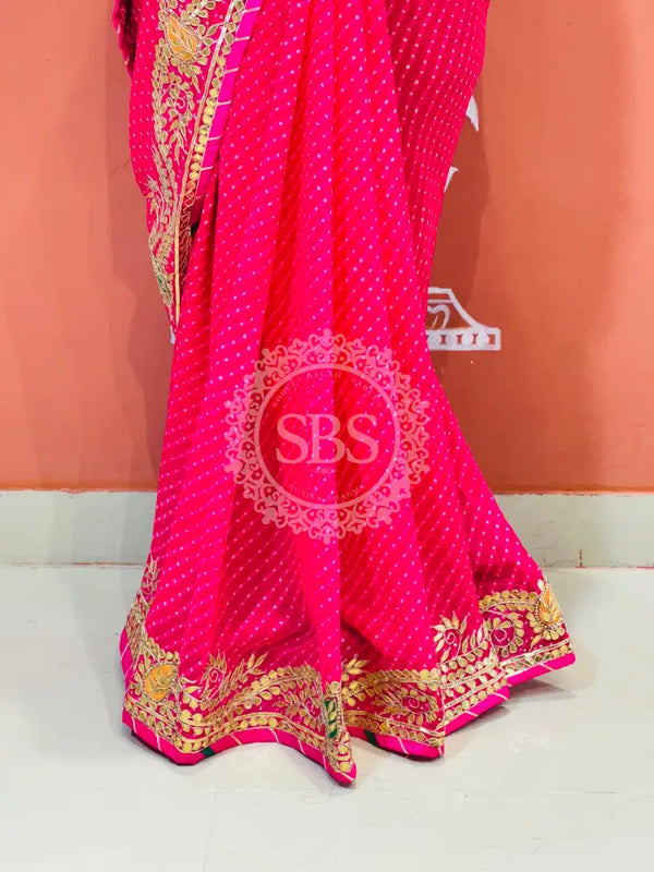 LEHERIYA MOTHRA GOTA PATTI HANDWORK SAREE Pink / Free Size