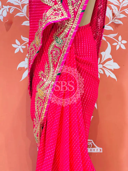 LEHERIYA MOTHRA GOTA PATTI HANDWORK SAREE Pink / Free Size
