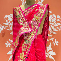 LEHERIYA MOTHRA GOTA PATTI HANDWORK SAREE Pink / Free Size