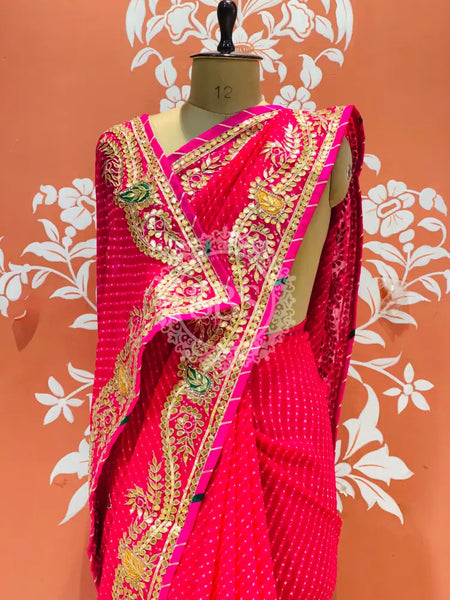 LEHERIYA MOTHRA GOTA PATTI HANDWORK SAREE Pink / Free Size