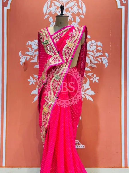 LEHERIYA MOTHRA GOTA PATTI HANDWORK SAREE Pink / Free Size