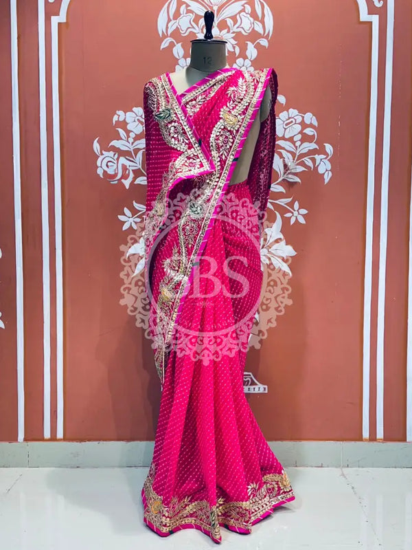LEHERIYA MOTHRA GOTA PATTI HANDWORK SAREE Pink / Free Size
