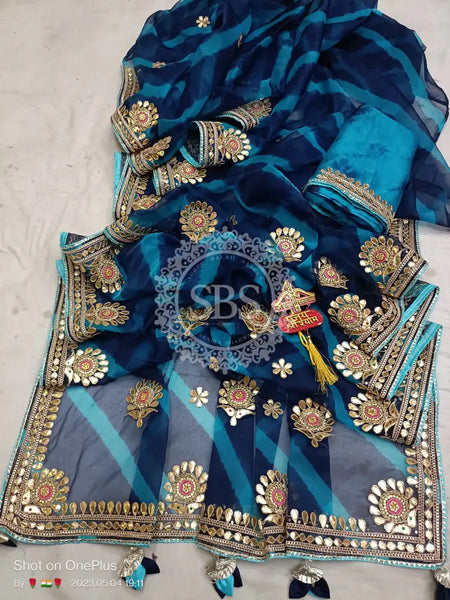 LEHERIYA ORGANZA HANDWORK GOTA PATTI SAREE Blue / Free Size