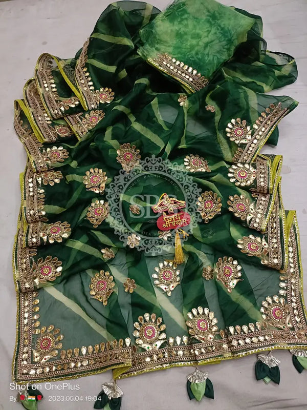 LEHERIYA ORGANZA HANDWORK GOTA PATTI SAREE Green / Free Size