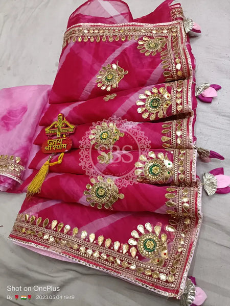 LEHERIYA ORGANZA HANDWORK GOTA PATTI SAREE Pink / Free Size