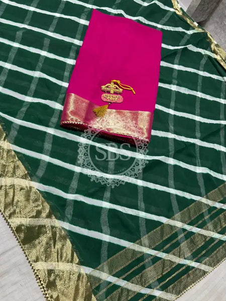 LEHERIYA ZARI WORK SAREE Green / Free Size