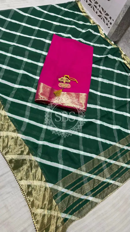 LEHERIYA ZARI WORK SAREE Green / Free Size