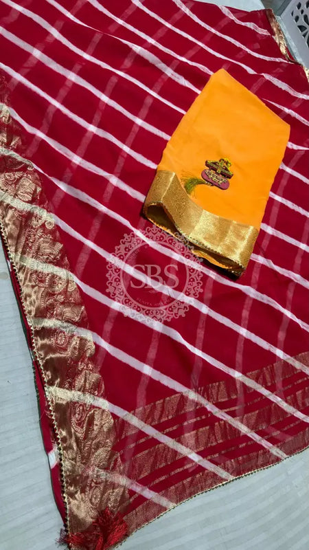 LEHERIYA ZARI WORK SAREE Red / Free Size