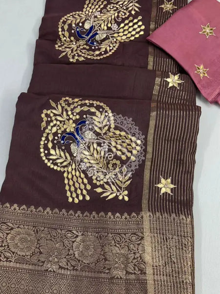 MOONGA SILK HANDWORK GOTA PATTI SAREE Grey / Free Size