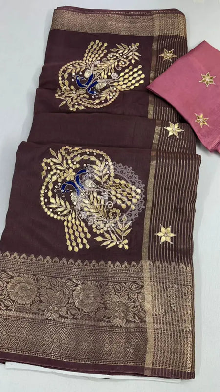 MOONGA SILK HANDWORK GOTA PATTI SAREE Grey / Free Size