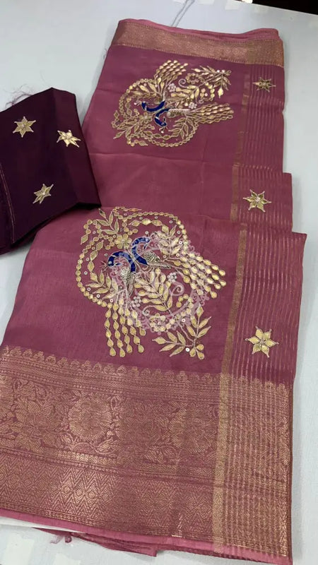 MOONGA SILK HANDWORK GOTA PATTI SAREE Light Pink / Free Size