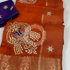 MOONGA SILK HANDWORK GOTA PATTI SAREE Orange / Free Size