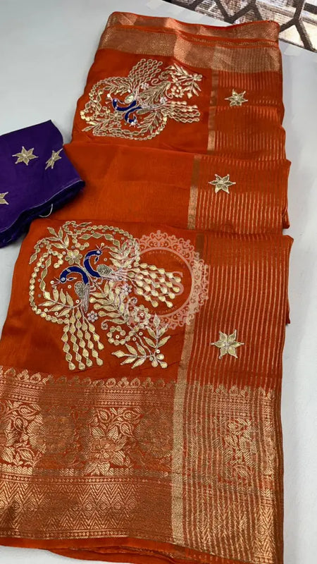 MOONGA SILK HANDWORK GOTA PATTI SAREE Orange / Free Size