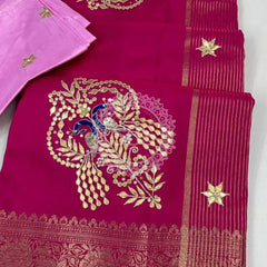 MOONGA SILK HANDWORK GOTA PATTI SAREE Pink / Free Size