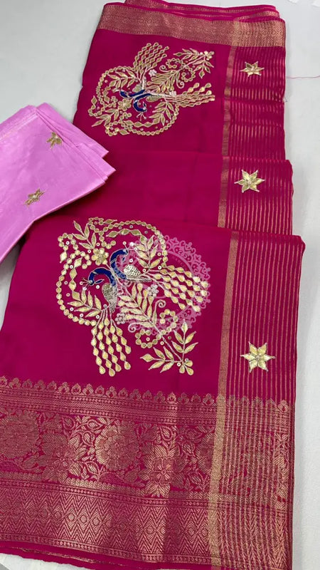 MOONGA SILK HANDWORK GOTA PATTI SAREE Pink / Free Size
