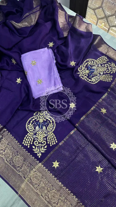 MOONGA SILK HANDWORK GOTA PATTI SAREE Purple / Free Size