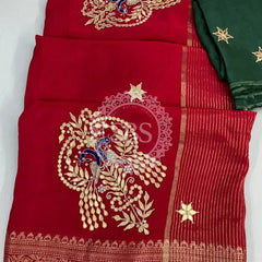 MOONGA SILK HANDWORK GOTA PATTI SAREE Red / Free Size
