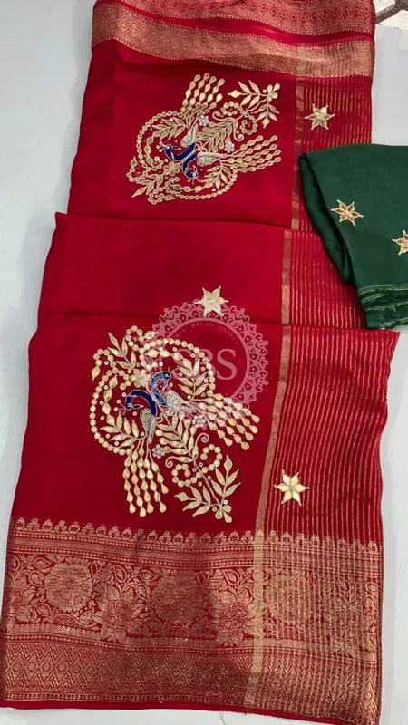 MOONGA SILK HANDWORK GOTA PATTI SAREE Red / Free Size