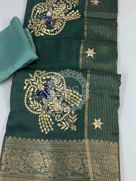 MOONGA SILK HANDWORK GOTA PATTI SAREE Sea Green / Free Size