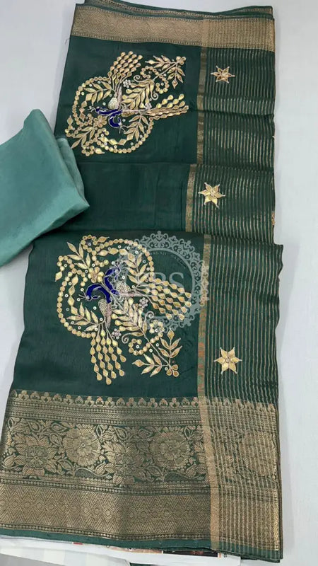 MOONGA SILK HANDWORK GOTA PATTI SAREE Sea Green / Free Size